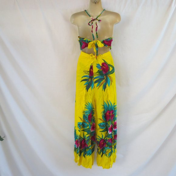 New Touch of Hawaii Yellow Tropical Beach Lounge Halter Top Wrap Pants Set OSM - Picture 5 of 10